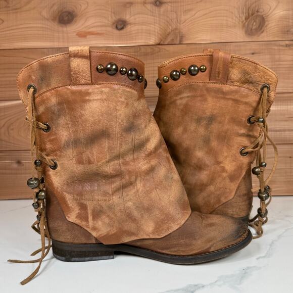 Free People Wayland Brown Distressed Leather Studs Back Ankle Boots Women's 6.5 - Picture 14 of 16